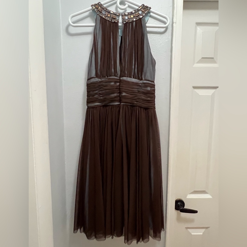 JS Boutique Brown Backless Dress with Embellished Neckline